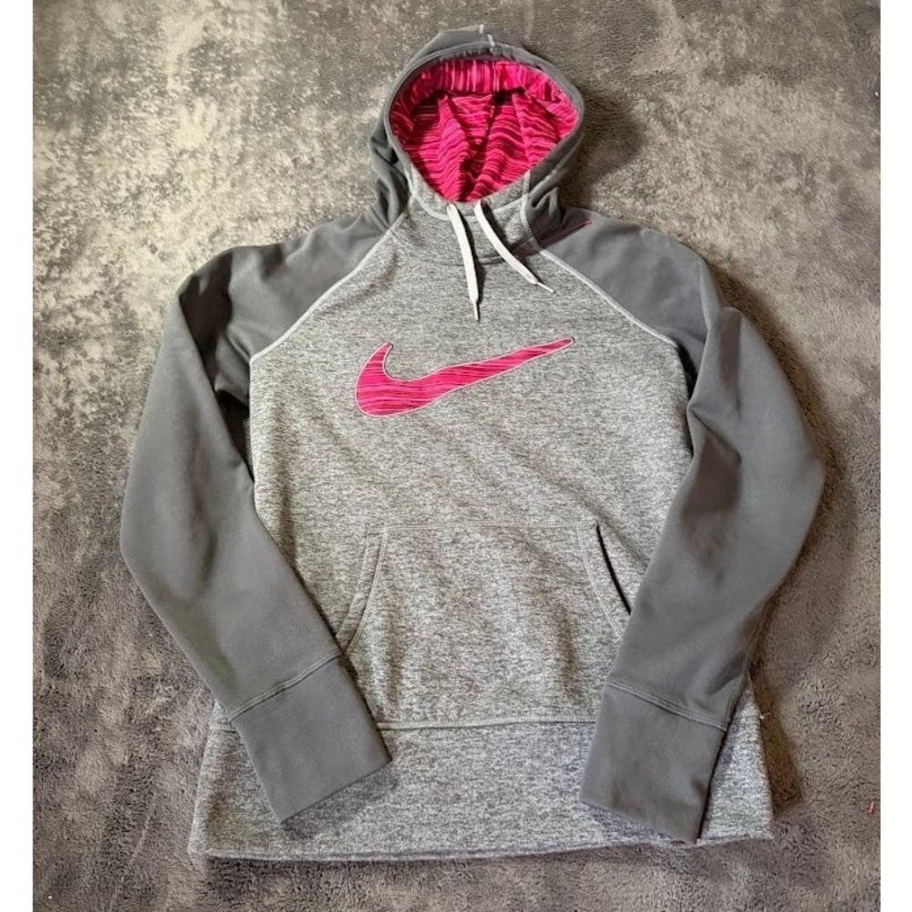 Nike Therma-FIT Hoodie Mens Medium Grey Pink Swoosh Pullover Sweatshirt